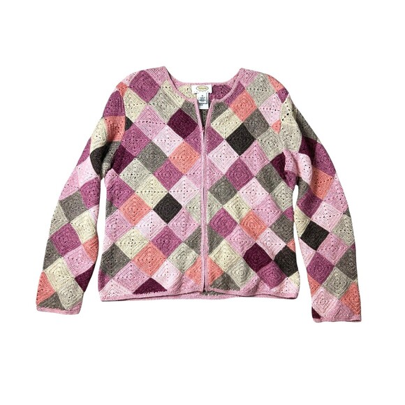 Vintage Talbots Petites Pink Granny Square Zip Cardigan Sweater  Size M  Preppy - Picture 1 of 7